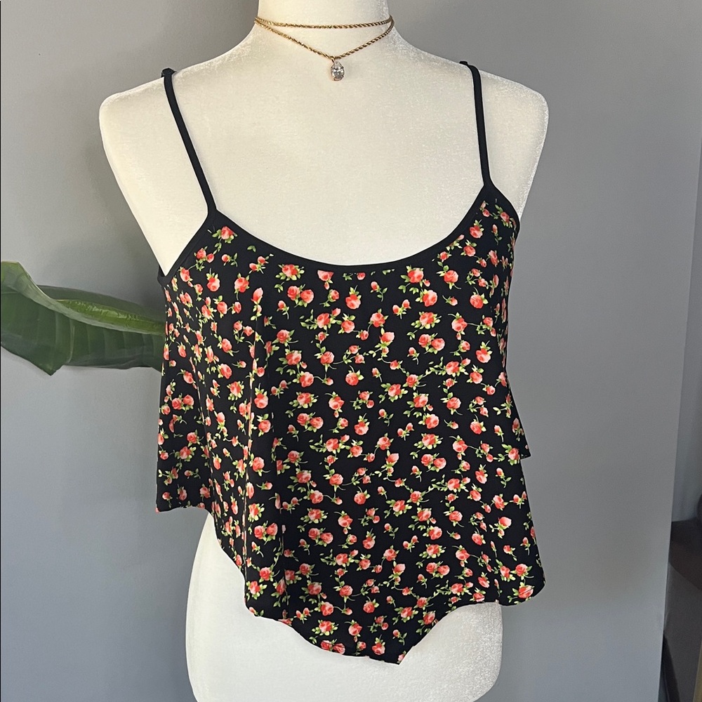 Forever 21 Black Camisole with Pink Floral Pattern
